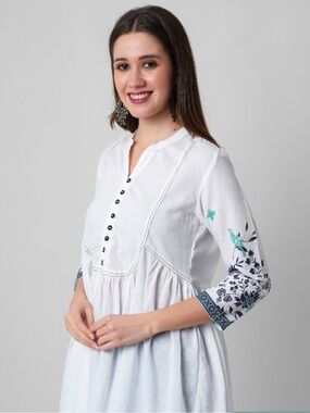 Anouk Floral Bird Print Sleeve Top — White with Teal & Navy, Small/ Oversize